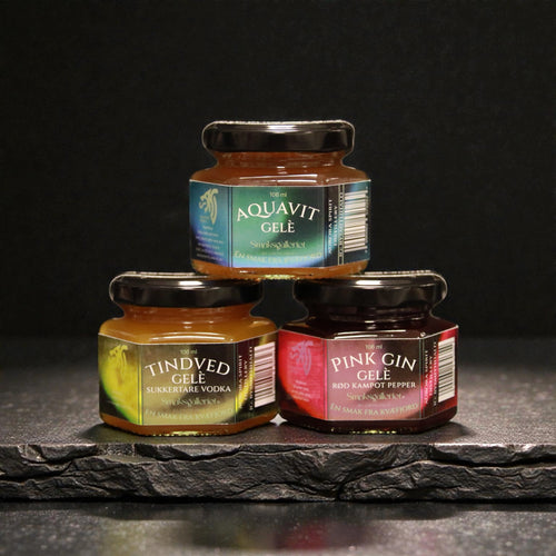 Pakke med aquavitgelé, Pink gin gelé og Tindvedgelé